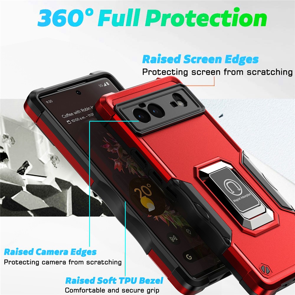 For Google Pixel 6 Double Layer Hybrid Armor Cover, Anti-Scratch PC + Soft TPU Protective Case with Magnetic Kickstand - Red-3