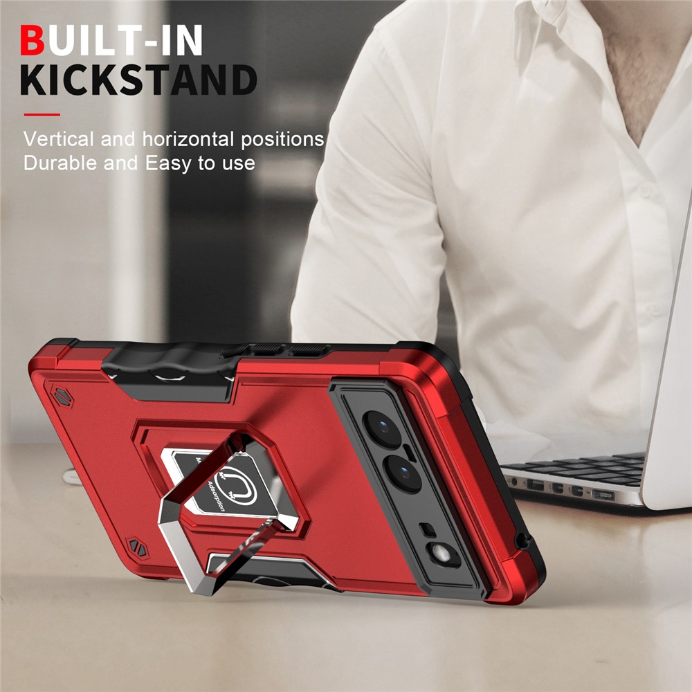 For Google Pixel 6 Double Layer Hybrid Armor Cover, Anti-Scratch PC + Soft TPU Protective Case with Magnetic Kickstand - Red-7