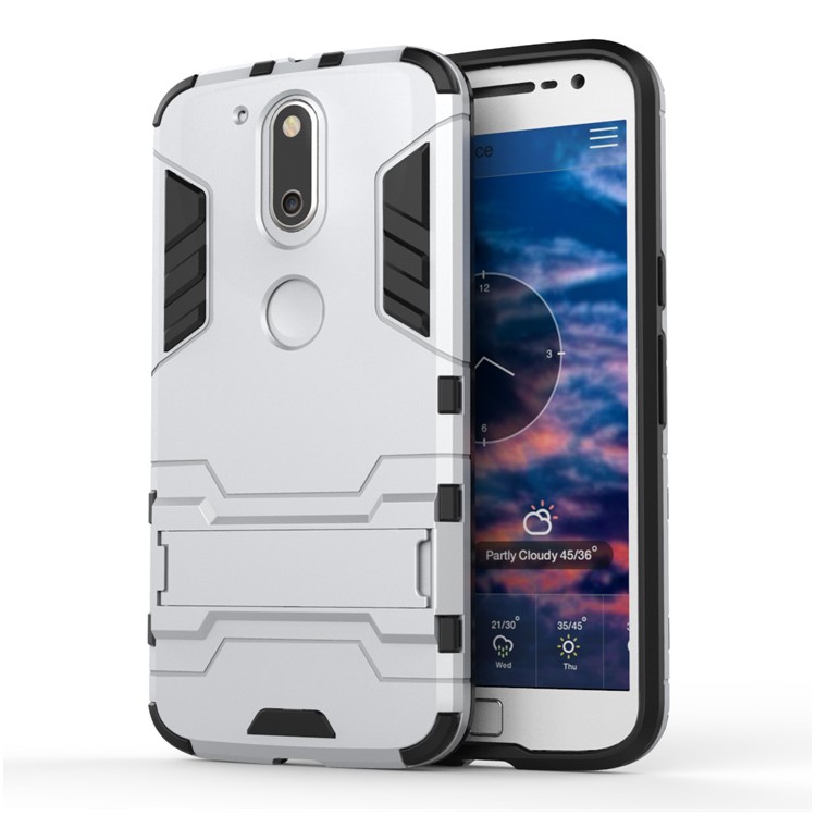 PC TPU Back Case for Motorola Moto G4/G4 Plus with Kickstand - Silver-1