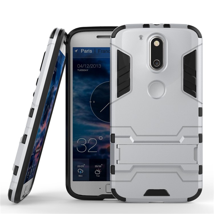 PC TPU Back Case for Motorola Moto G4/G4 Plus with Kickstand - Silver-2