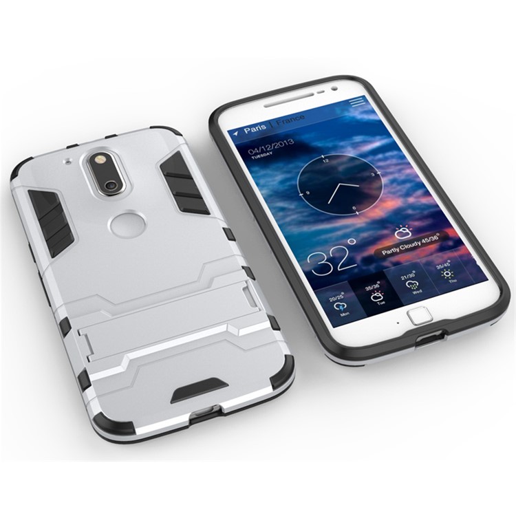 PC TPU Back Case for Motorola Moto G4/G4 Plus with Kickstand - Silver-6