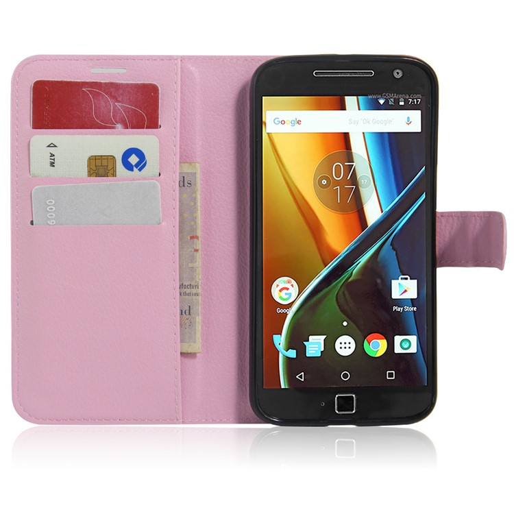Litchi Texture Stand Leather Phone Cover for Motorola Moto G4 / G4 Plus - Pink-4