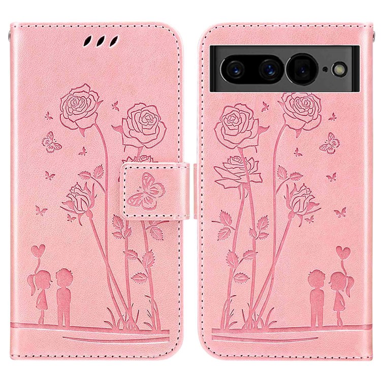 Wallet Phone Shell for Google Pixel 7, PU Leather Flowers Couples Imprinted Case Stand Wallet Design Protective Phone Cover - Pink-1