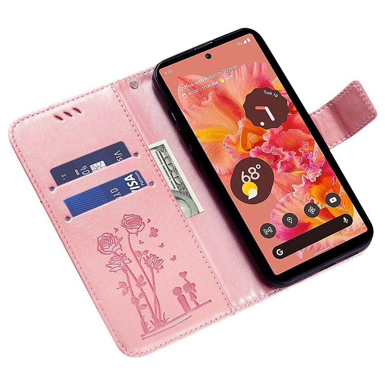Wallet Phone Shell for Google Pixel 7, PU Leather Flowers Couples Imprinted Case Stand Wallet Design Protective Phone Cover - Pink-2