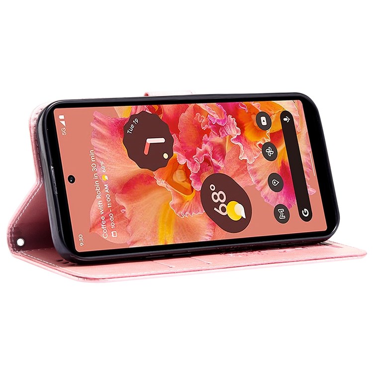 Wallet Phone Shell for Google Pixel 7, PU Leather Flowers Couples Imprinted Case Stand Wallet Design Protective Phone Cover - Pink-3