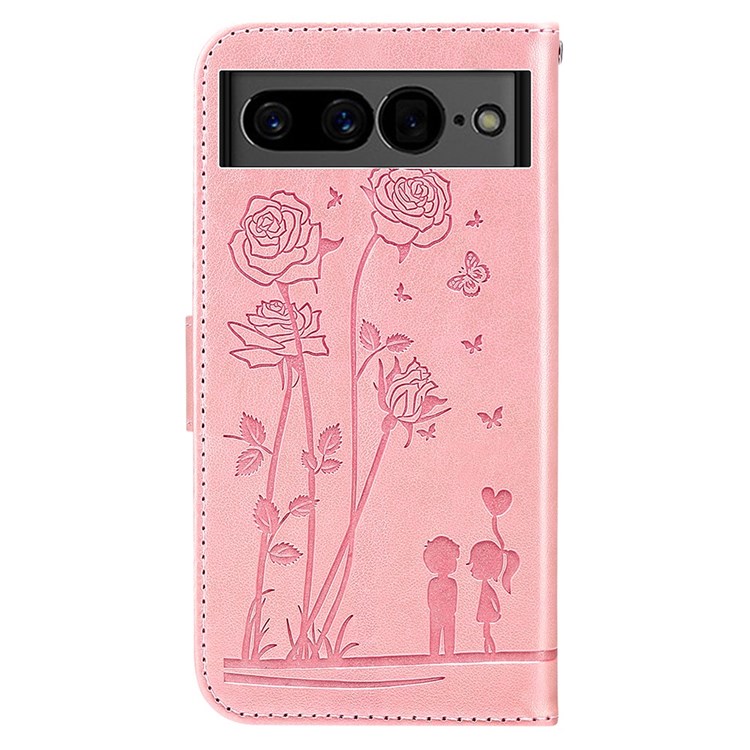Wallet Phone Shell for Google Pixel 7, PU Leather Flowers Couples Imprinted Case Stand Wallet Design Protective Phone Cover - Pink-9