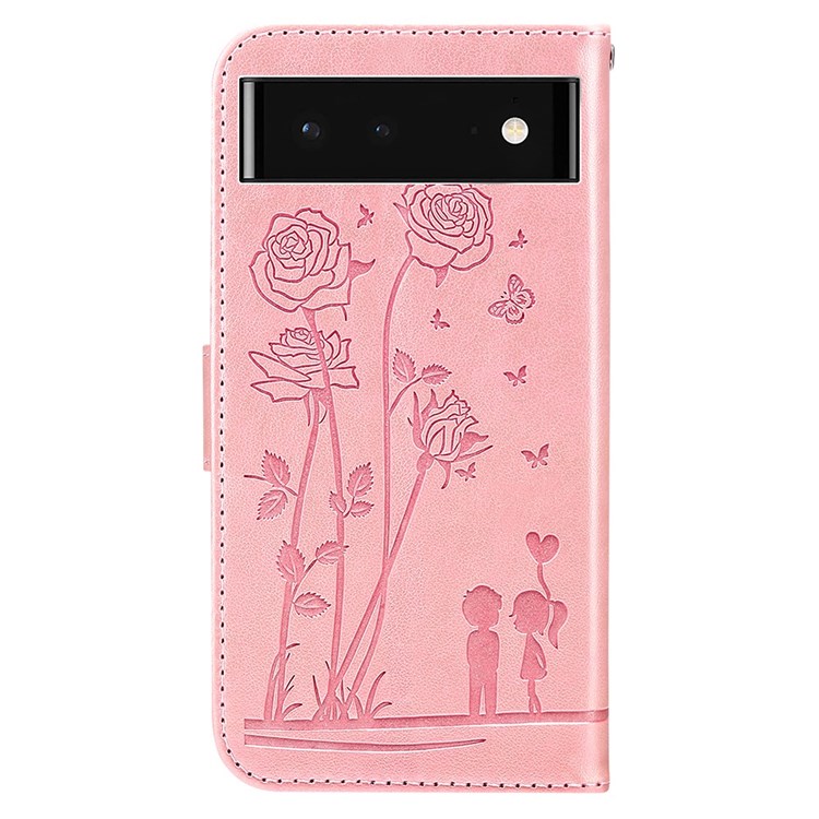 PU Leather Phone Cover for Google Pixel 6, Flowers Couples Imprinted Case Stand Wallet Design Protective Phone Shell - Pink-9