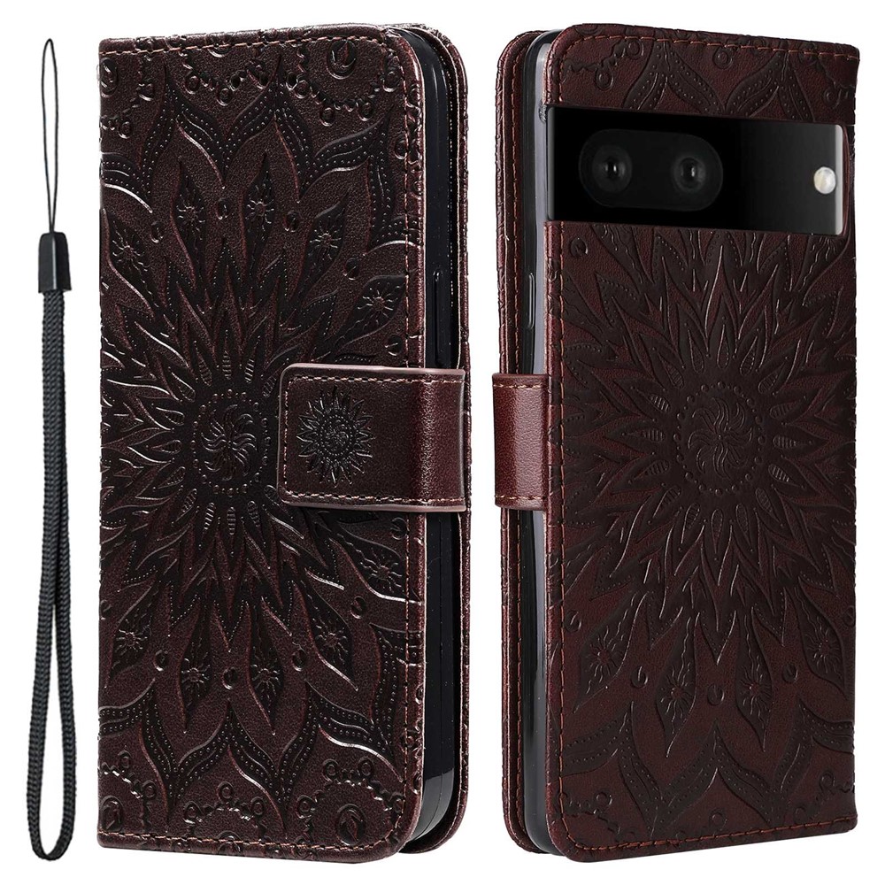 KT Imprinting Flower Series-1 for Google Pixel 7 Wallet Stand PU Leather Cover Sunflower Imprinting Magnetic Closure Leather Phone Case with Strap - Brown-1