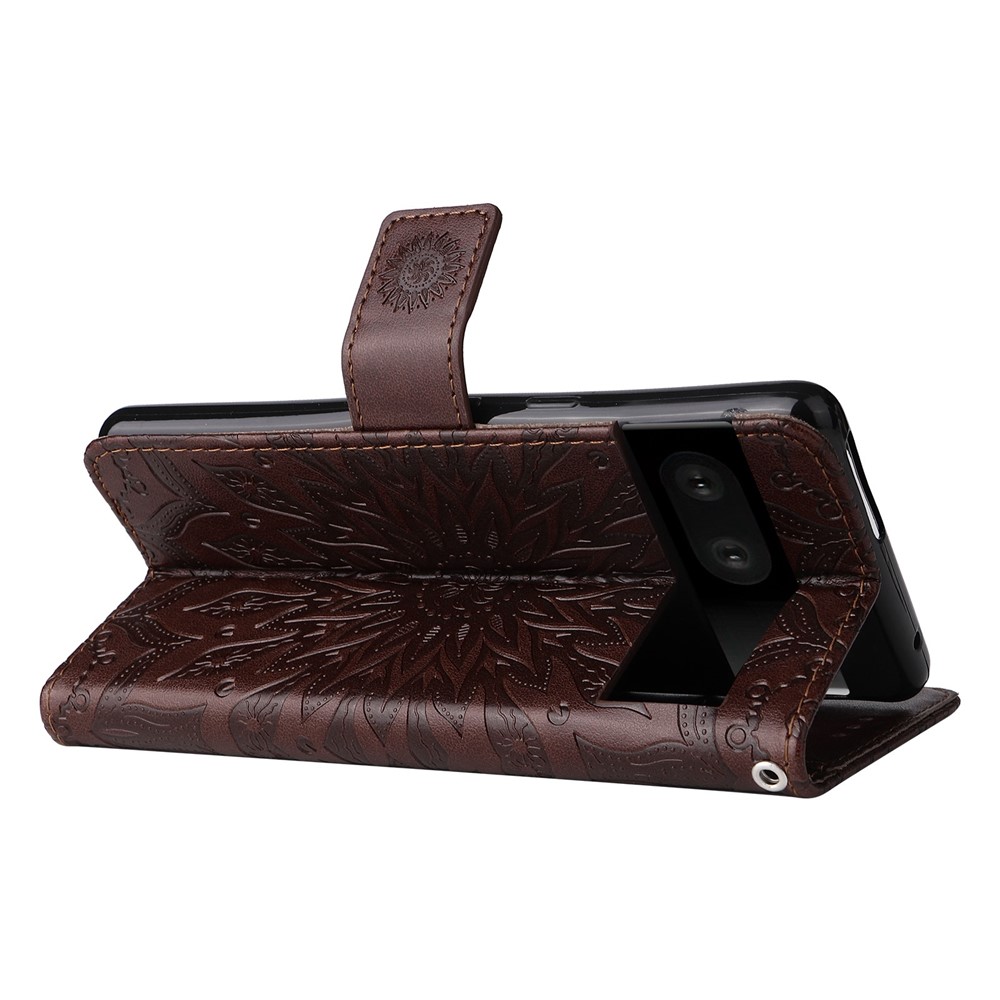 KT Imprinting Flower Series-1 for Google Pixel 7 Wallet Stand PU Leather Cover Sunflower Imprinting Magnetic Closure Leather Phone Case with Strap - Brown-4