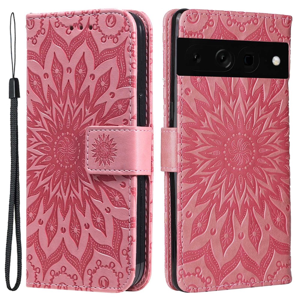 KT Imprinting Flower Series-1 for Google Pixel 7 Pro Shockproof Anti-scratch Wallet Stand PU Leather Cover Sunflower Imprinting Leather Magnetic Phone Case with Strap - Pink-1