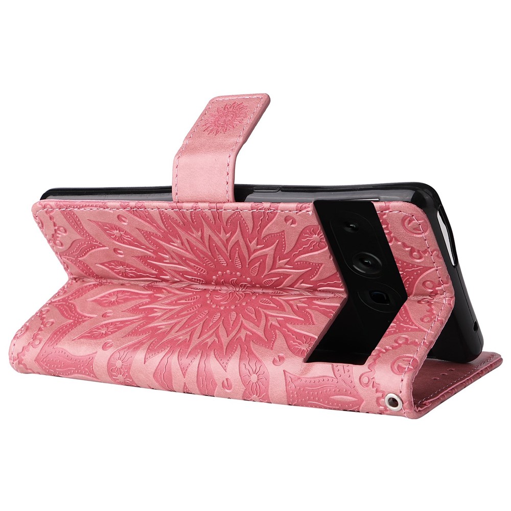 KT Imprinting Flower Series-1 for Google Pixel 7 Pro Shockproof Anti-scratch Wallet Stand PU Leather Cover Sunflower Imprinting Leather Magnetic Phone Case with Strap - Pink-4