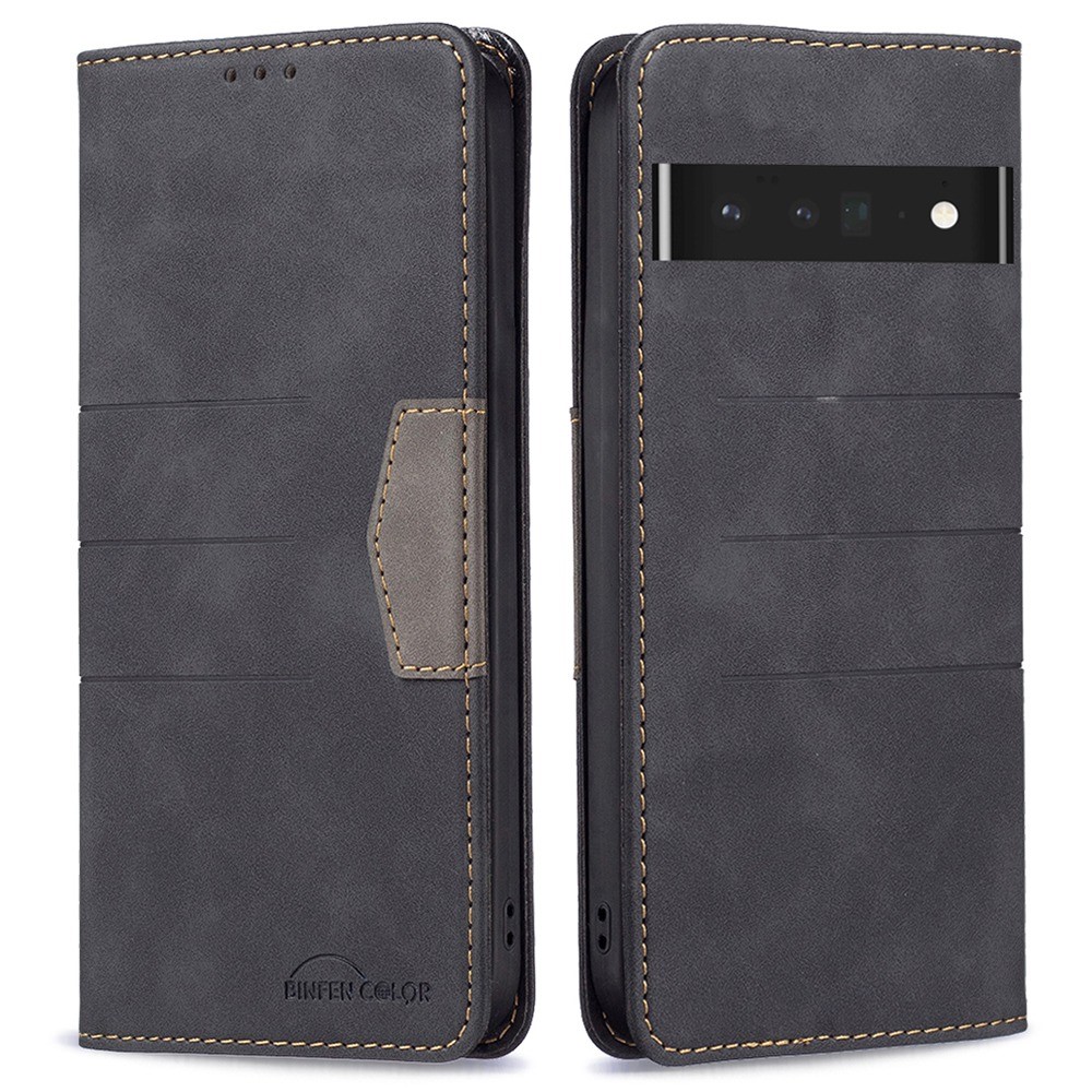 BINFEN COLOR BF Leather Series-1 for Google Pixel 7 Pro Magnetic PU Leather Stand Flip Cover 10 Color Splicing Lines Imprinted Drop Proof Magnetic Auto-absorbed Wallet Case - Black-1