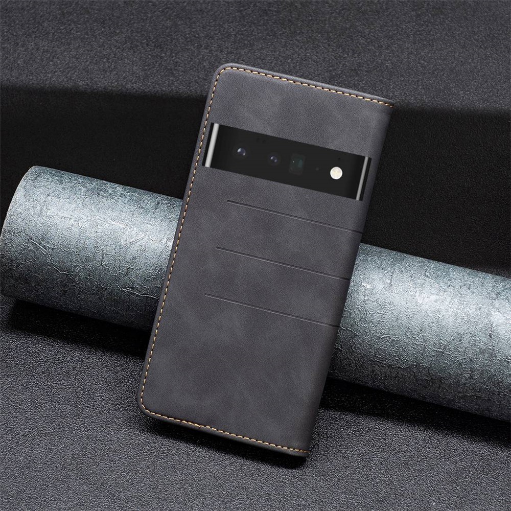 BINFEN COLOR BF Leather Series-1 for Google Pixel 7 Pro Magnetic PU Leather Stand Flip Cover 10 Color Splicing Lines Imprinted Drop Proof Magnetic Auto-absorbed Wallet Case - Black-6