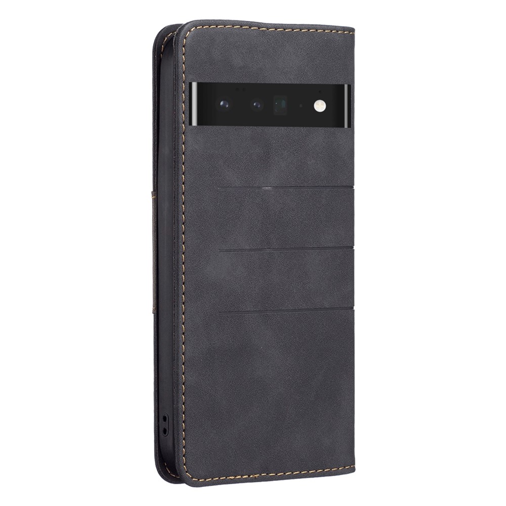BINFEN COLOR BF Leather Series-1 for Google Pixel 7 Pro Magnetic PU Leather Stand Flip Cover 10 Color Splicing Lines Imprinted Drop Proof Magnetic Auto-absorbed Wallet Case - Black-8