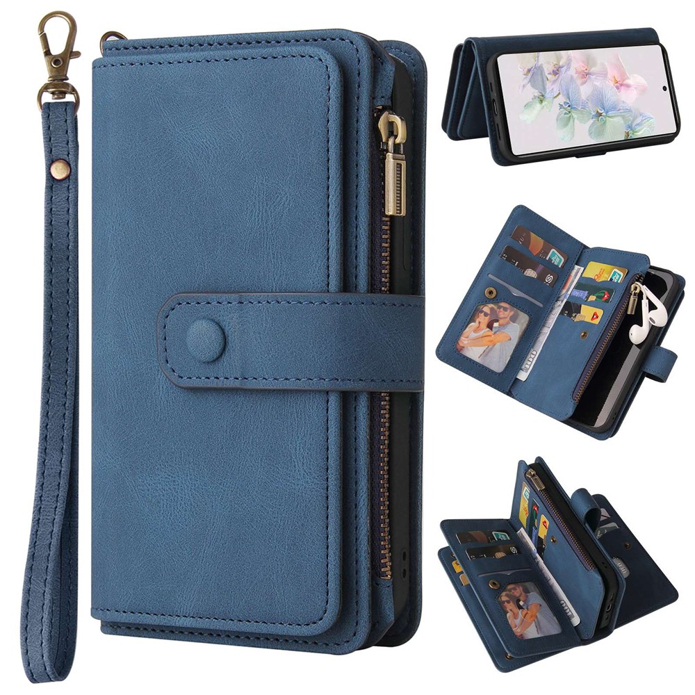 For Google Pixel 7 KT Multi-Functional Series-2 15-Card Design Smooth PU Leather Zippered Pocket Phone Case with Wallet Stand Wrist Strap Buckle Closure - Blue-1