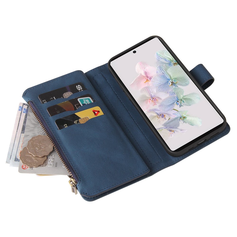 For Google Pixel 7 KT Multi-Functional Series-2 15-Card Design Smooth PU Leather Zippered Pocket Phone Case with Wallet Stand Wrist Strap Buckle Closure - Blue-10