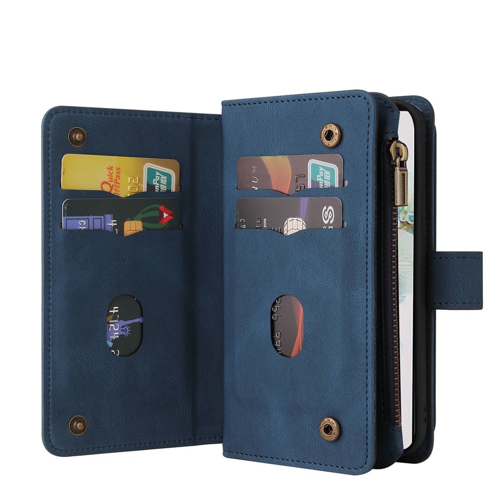 For Google Pixel 7 KT Multi-Functional Series-2 15-Card Design Smooth PU Leather Zippered Pocket Phone Case with Wallet Stand Wrist Strap Buckle Closure - Blue-6