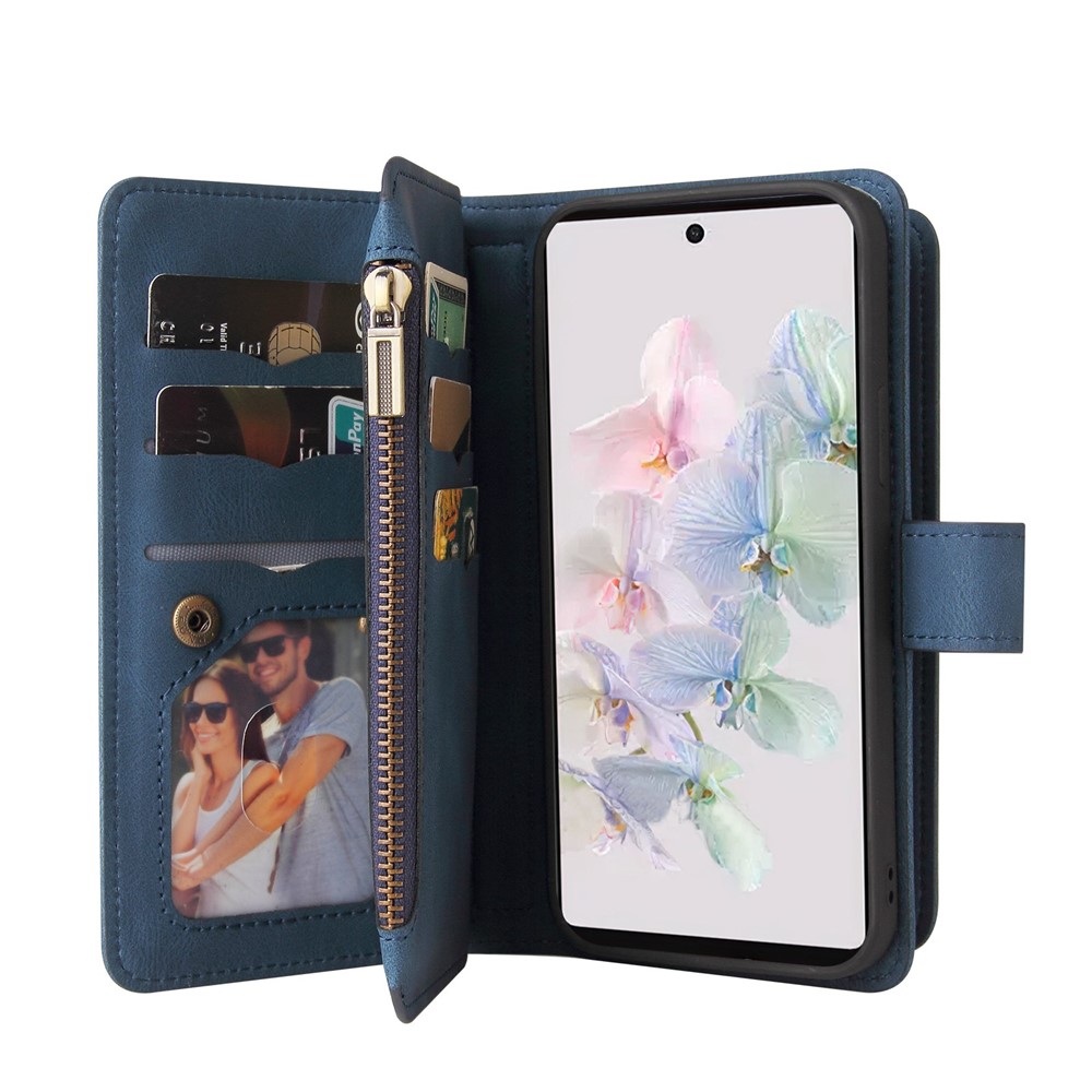 For Google Pixel 7 KT Multi-Functional Series-2 15-Card Design Smooth PU Leather Zippered Pocket Phone Case with Wallet Stand Wrist Strap Buckle Closure - Blue-7