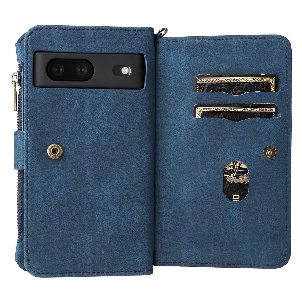 For Google Pixel 7 KT Multi-Functional Series-2 15-Card Design Smooth PU Leather Zippered Pocket Phone Case with Wallet Stand Wrist Strap Buckle Closure - Blue-8