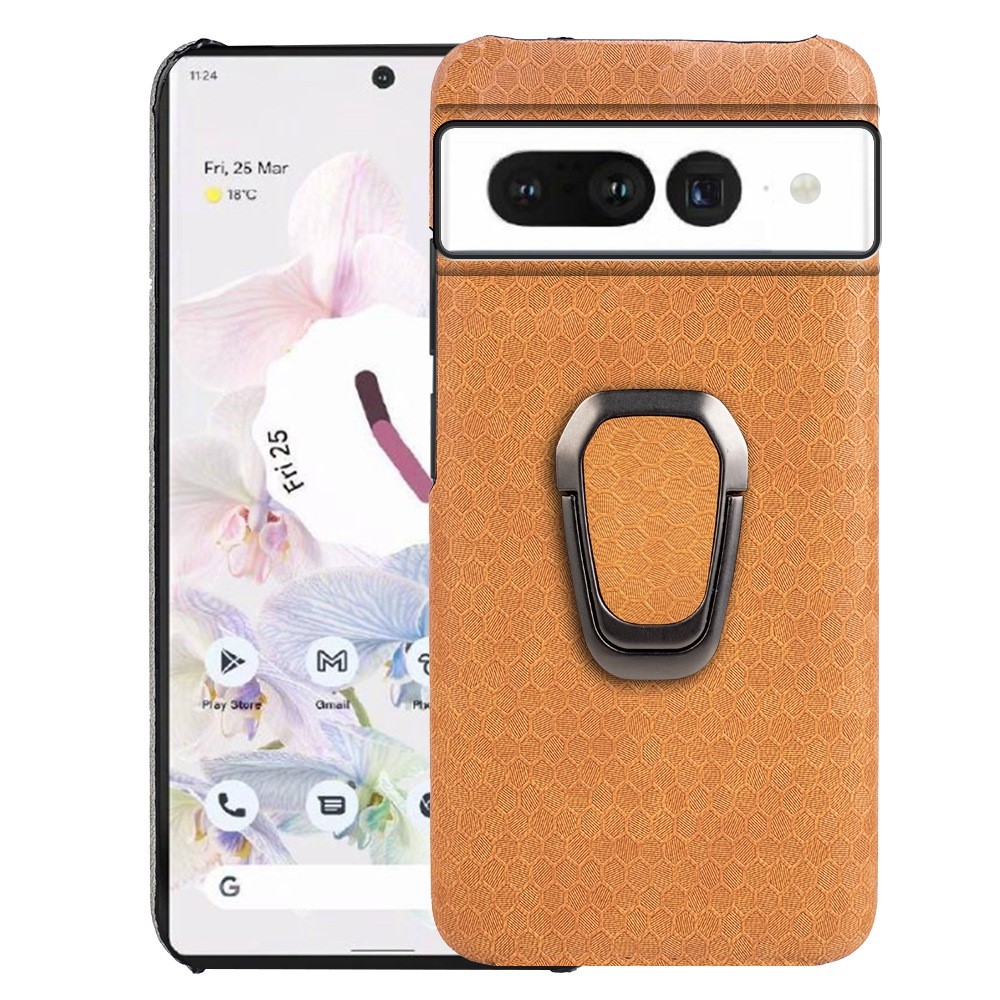 For Google Pixel 7 Honeycomb Texture Wear-resistant Anti-fall PU Leather Coating Inner PC Phone Case with Kickstand - Orange-1