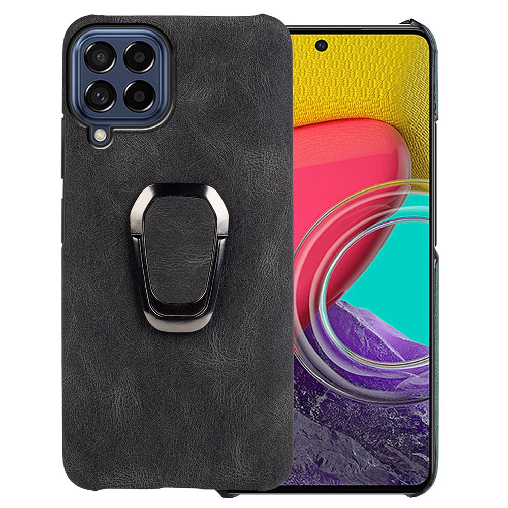 For Samsung Galaxy M53 5G Slim PU Leather Coated Hard PC Phone Case Scratch Defender Ring Kickstand Anti-Fall Protective Cover - Black-1