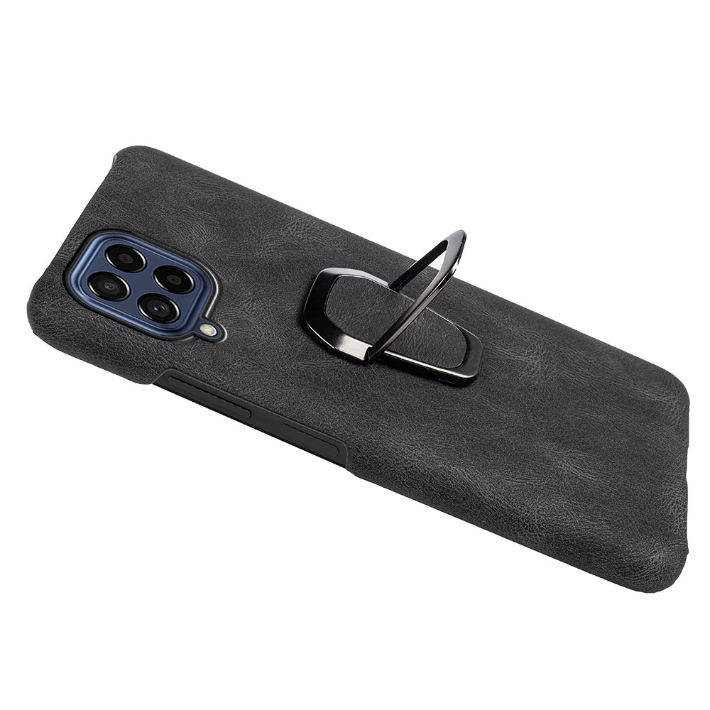 For Samsung Galaxy M53 5G Slim PU Leather Coated Hard PC Phone Case Scratch Defender Ring Kickstand Anti-Fall Protective Cover - Black-3