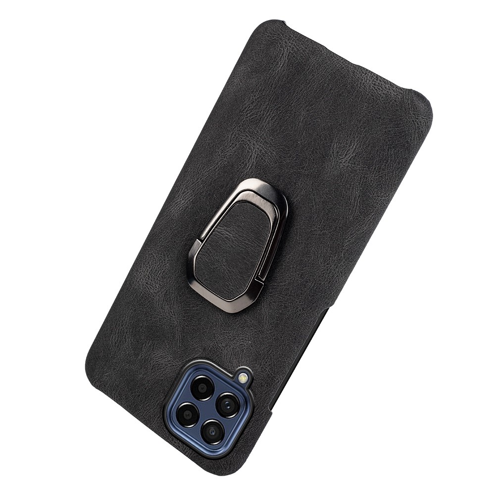 For Samsung Galaxy M53 5G Slim PU Leather Coated Hard PC Phone Case Scratch Defender Ring Kickstand Anti-Fall Protective Cover - Black-4