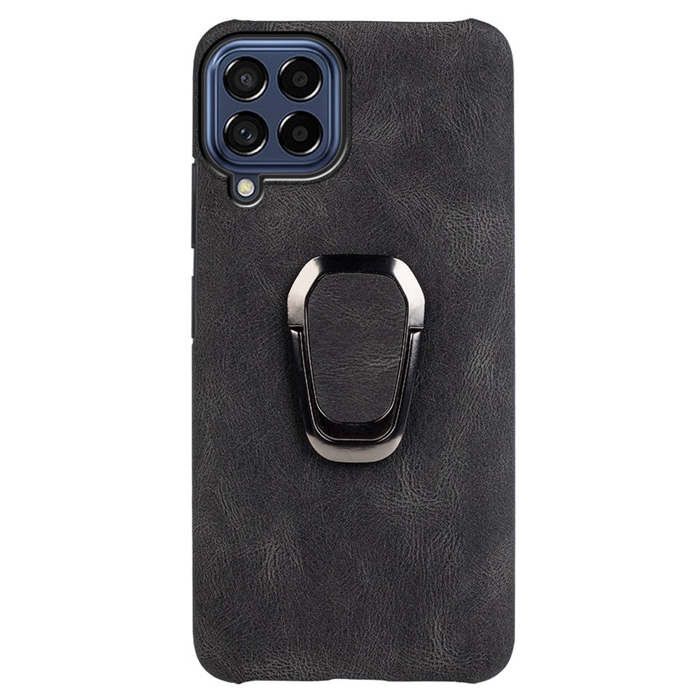For Samsung Galaxy M53 5G Slim PU Leather Coated Hard PC Phone Case Scratch Defender Ring Kickstand Anti-Fall Protective Cover - Black-5