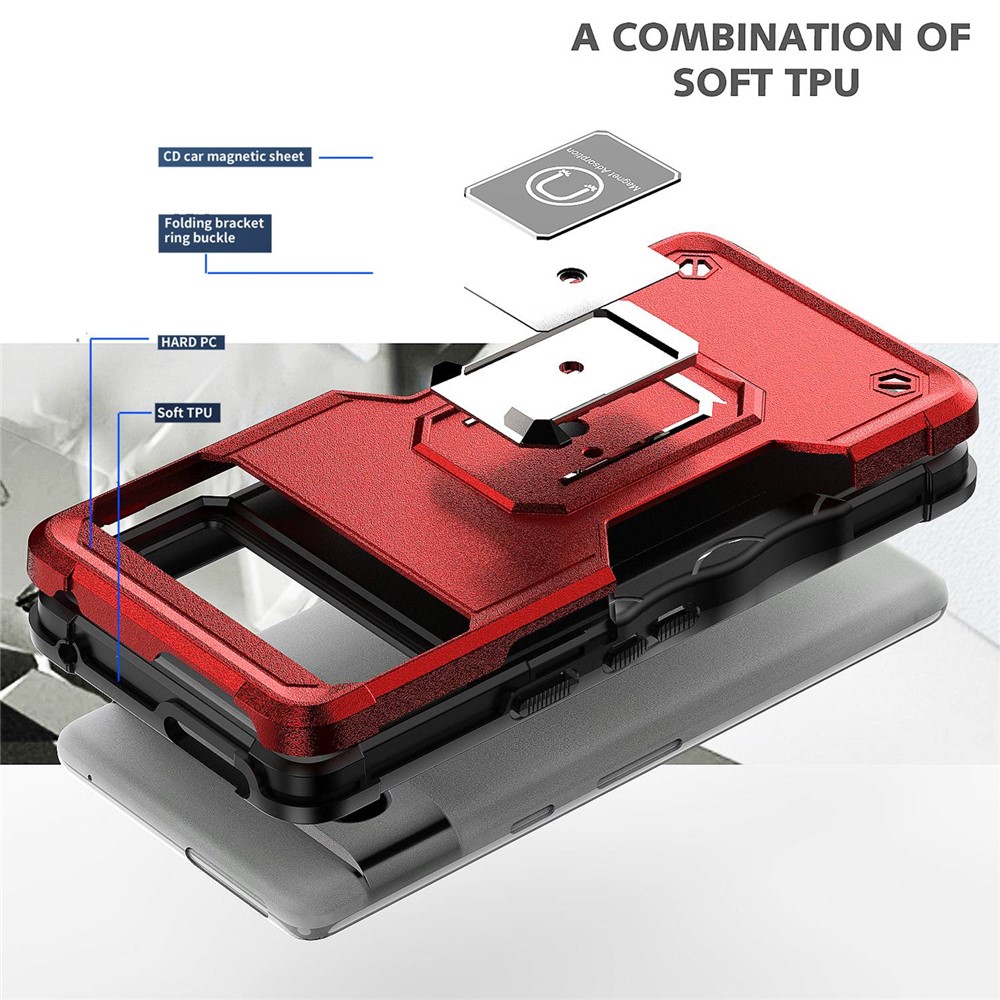 For Google Pixel 7 Sweat-proof Hard PC Soft TPU Hybrid Case Foldable Kickstand Anti-wear Phone Cover with Car Mount Metal Sheet - Red-2