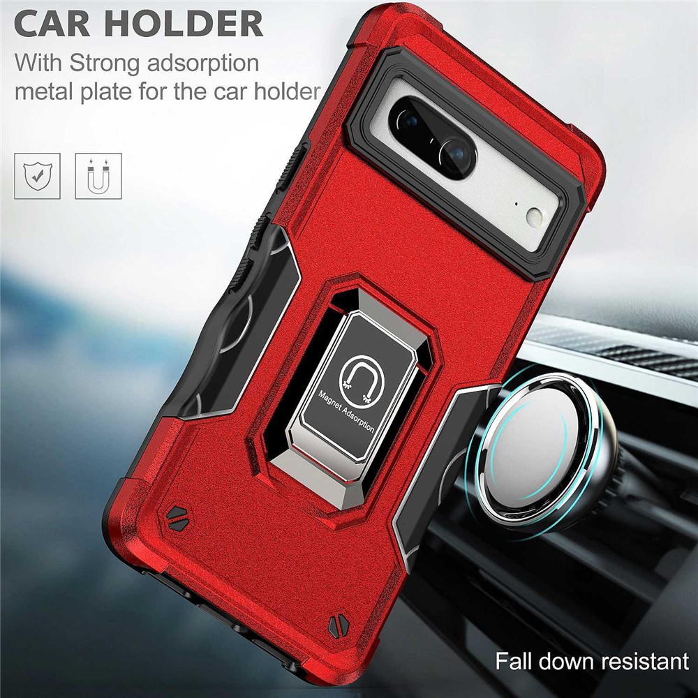For Google Pixel 7 Sweat-proof Hard PC Soft TPU Hybrid Case Foldable Kickstand Anti-wear Phone Cover with Car Mount Metal Sheet - Red-3