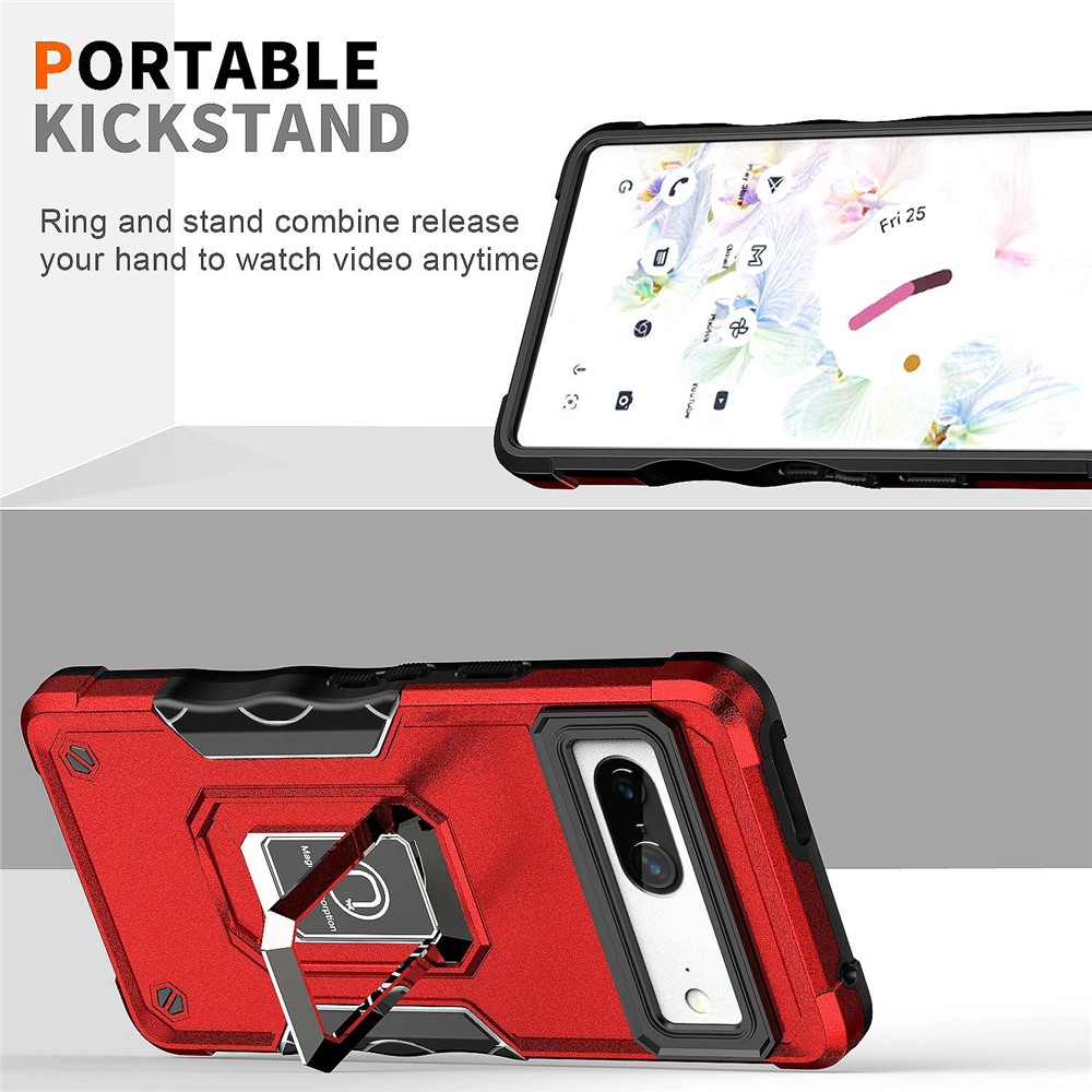 For Google Pixel 7 Sweat-proof Hard PC Soft TPU Hybrid Case Foldable Kickstand Anti-wear Phone Cover with Car Mount Metal Sheet - Red-5