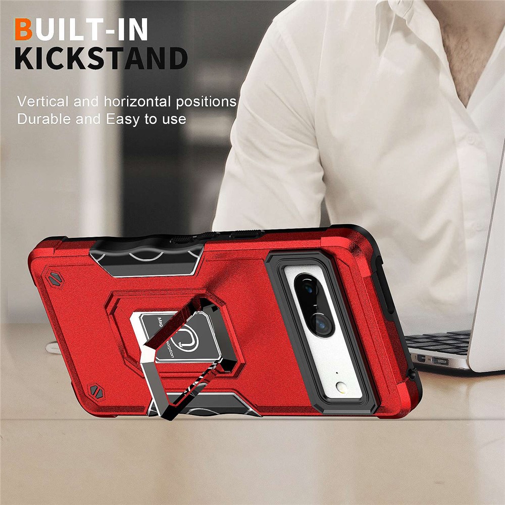 For Google Pixel 7 Sweat-proof Hard PC Soft TPU Hybrid Case Foldable Kickstand Anti-wear Phone Cover with Car Mount Metal Sheet - Red-6