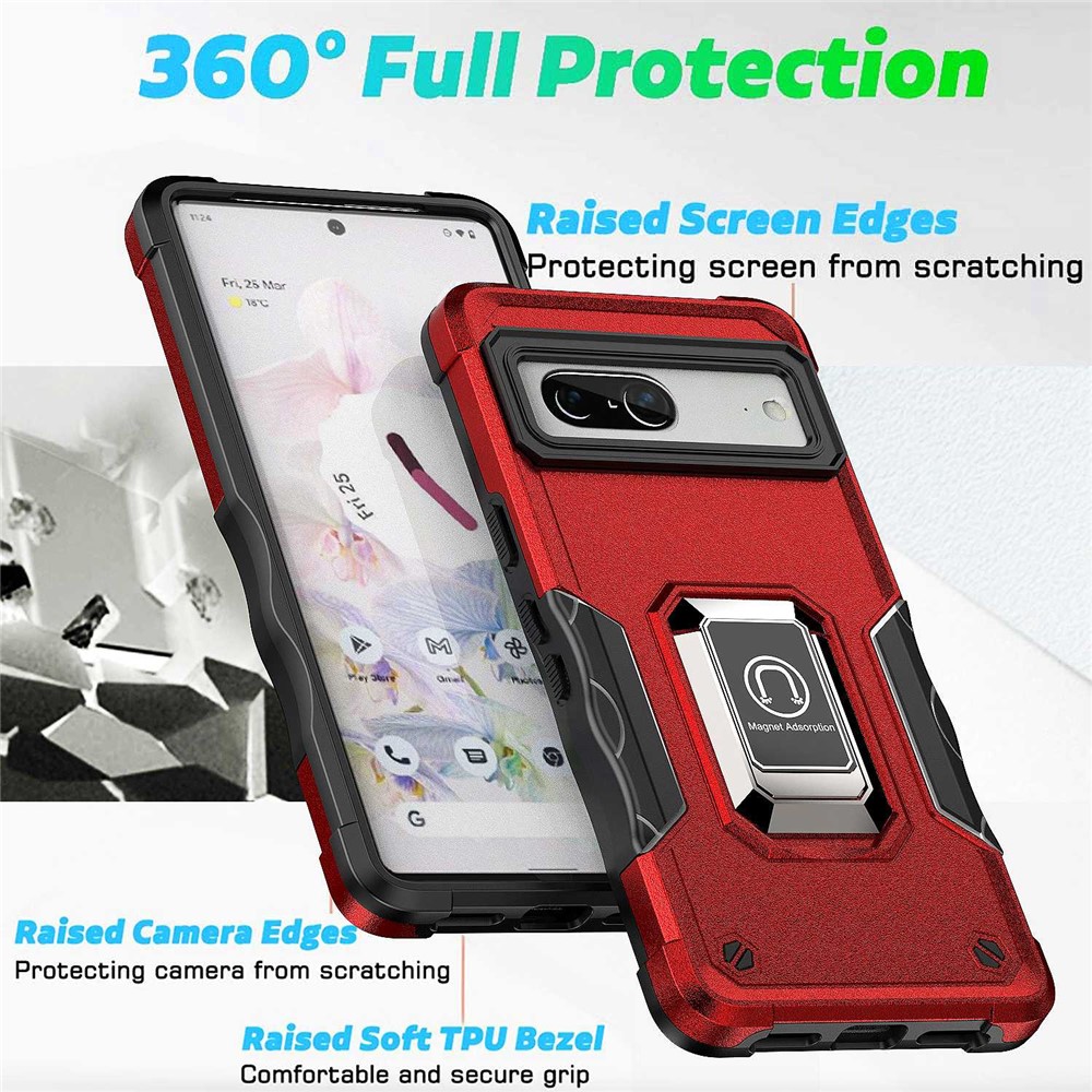 For Google Pixel 7 Sweat-proof Hard PC Soft TPU Hybrid Case Foldable Kickstand Anti-wear Phone Cover with Car Mount Metal Sheet - Red-7