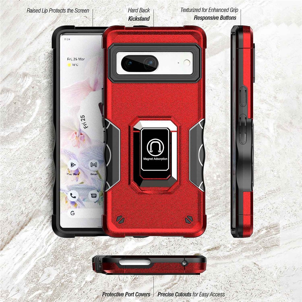 For Google Pixel 7 Sweat-proof Hard PC Soft TPU Hybrid Case Foldable Kickstand Anti-wear Phone Cover with Car Mount Metal Sheet - Red-8