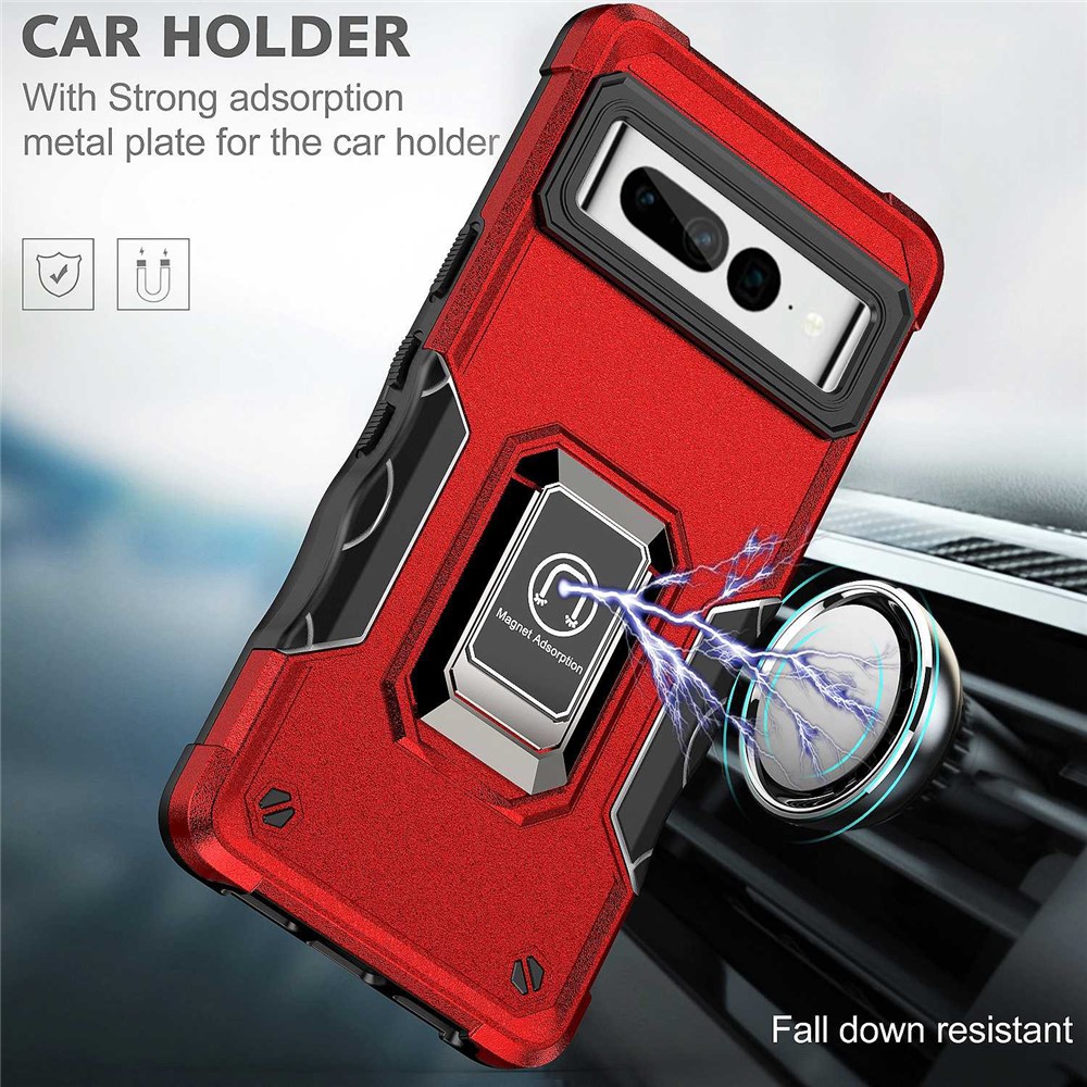 For Google Pixel 7 Pro Shockproof Hard PC Soft TPU Hybrid Case Built-in Kickstand Anti-fall Phone Cover with Car Mount Metal Sheet - Red-3