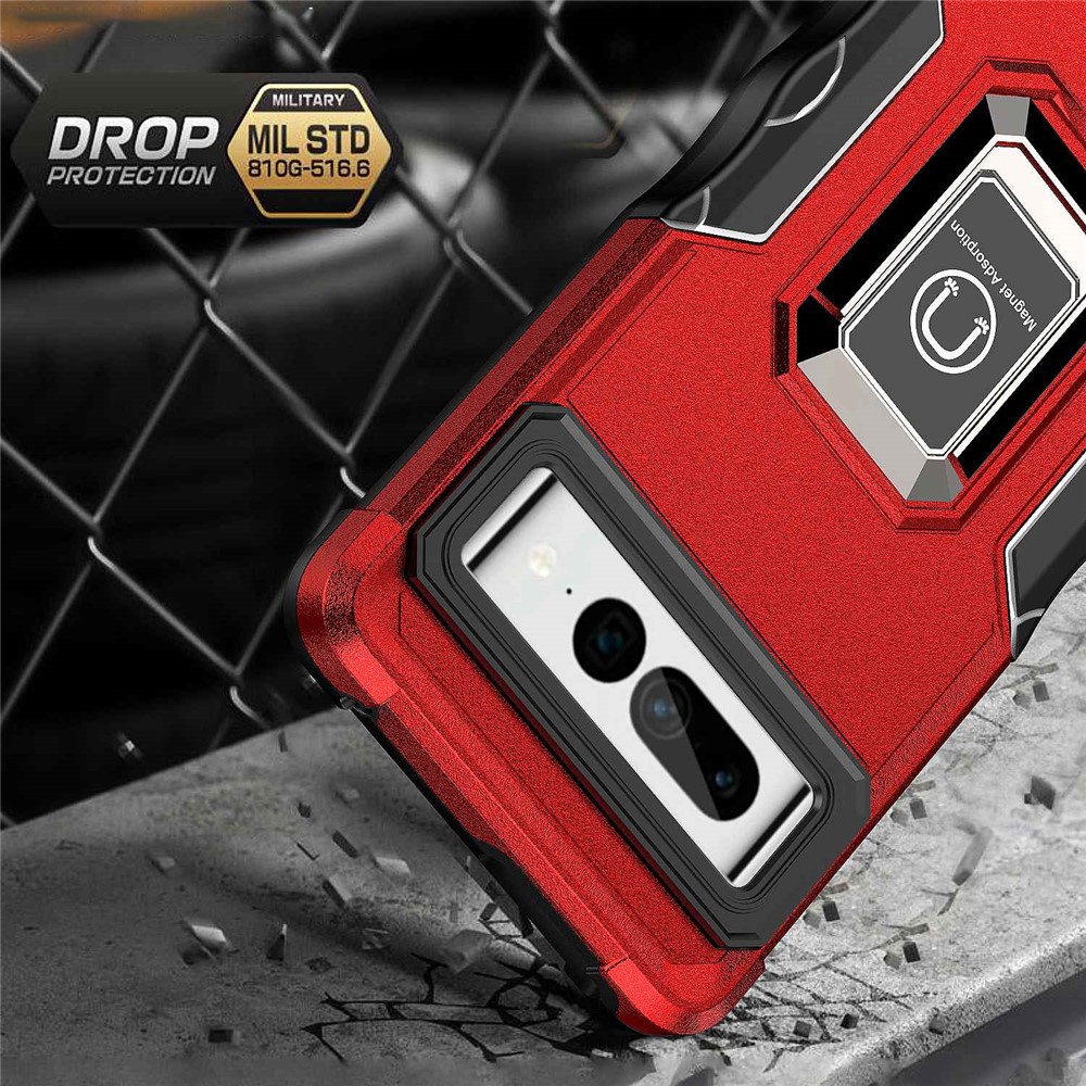 For Google Pixel 7 Pro Shockproof Hard PC Soft TPU Hybrid Case Built-in Kickstand Anti-fall Phone Cover with Car Mount Metal Sheet - Red-4
