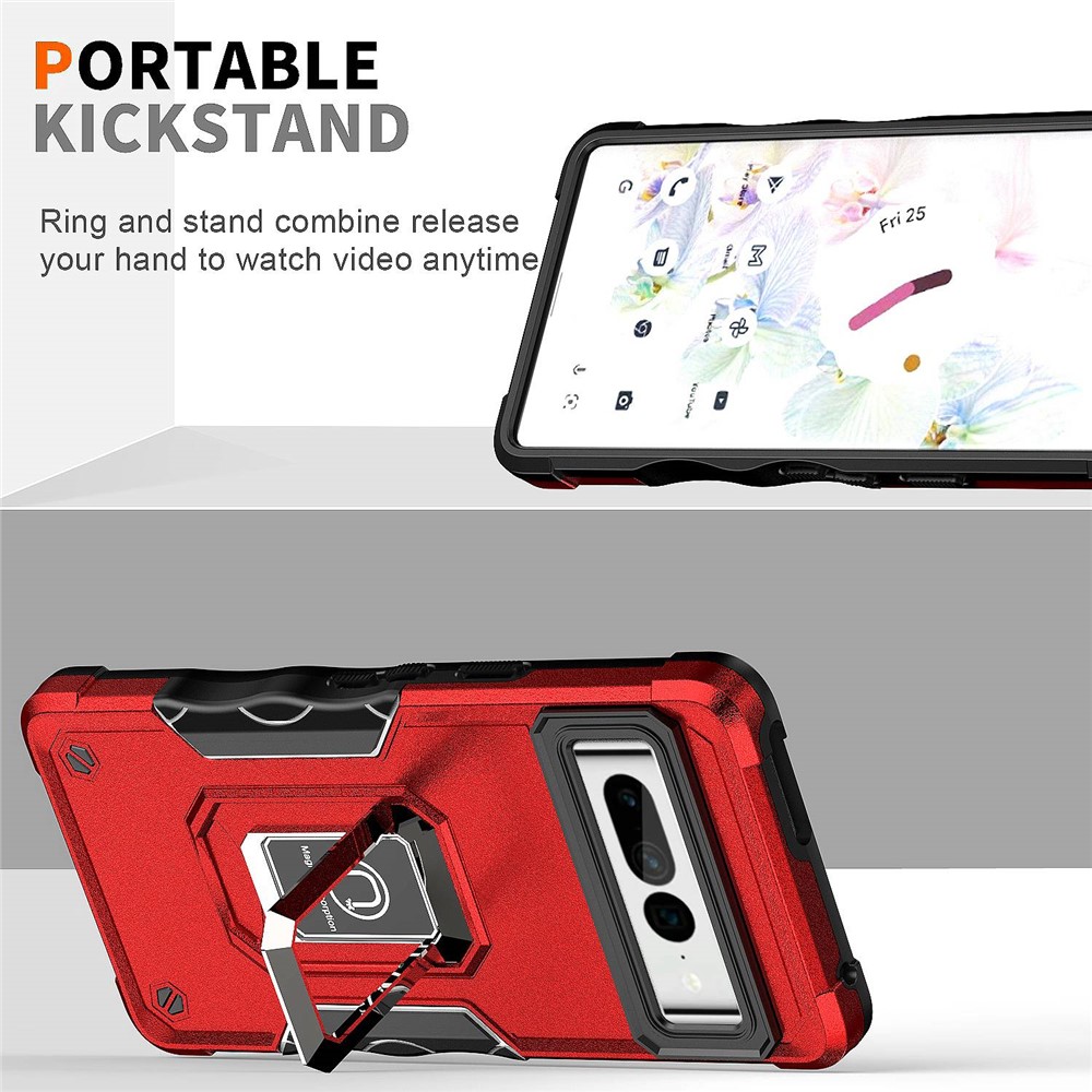 For Google Pixel 7 Pro Shockproof Hard PC Soft TPU Hybrid Case Built-in Kickstand Anti-fall Phone Cover with Car Mount Metal Sheet - Red-5