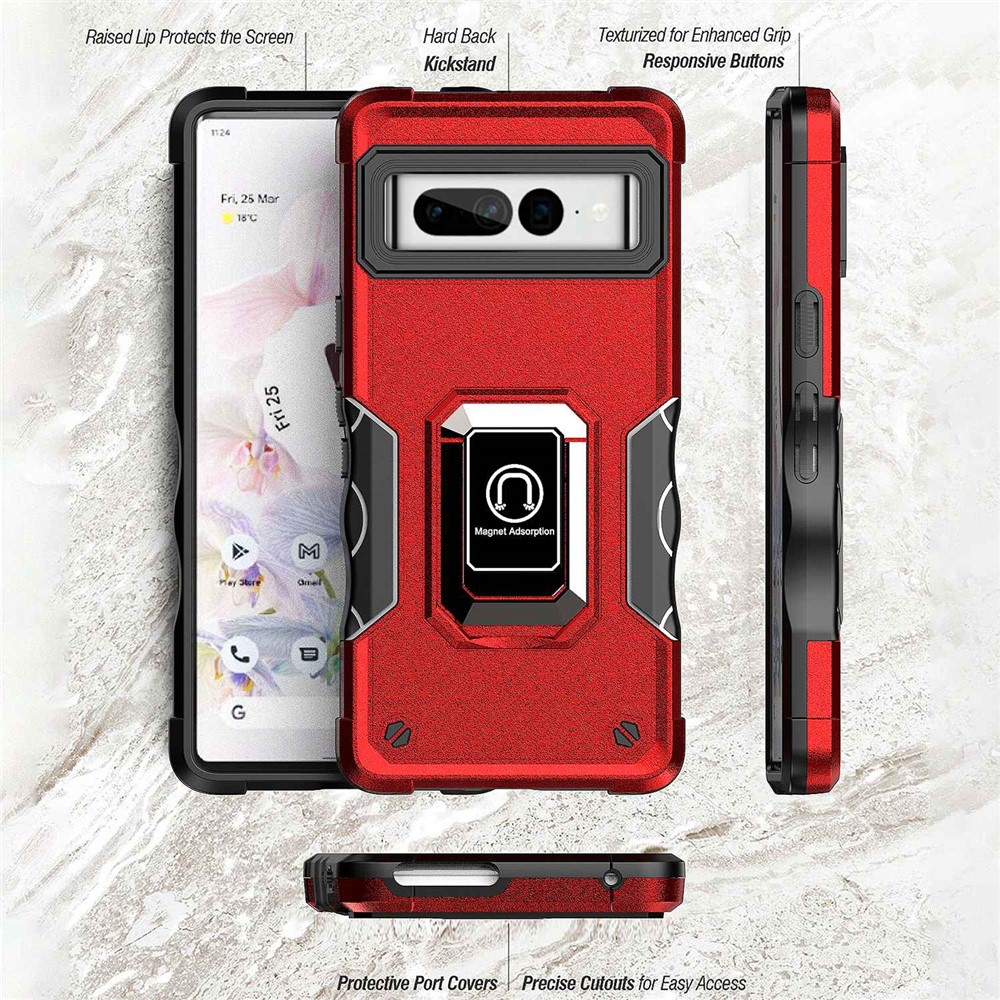 For Google Pixel 7 Pro Shockproof Hard PC Soft TPU Hybrid Case Built-in Kickstand Anti-fall Phone Cover with Car Mount Metal Sheet - Red-8