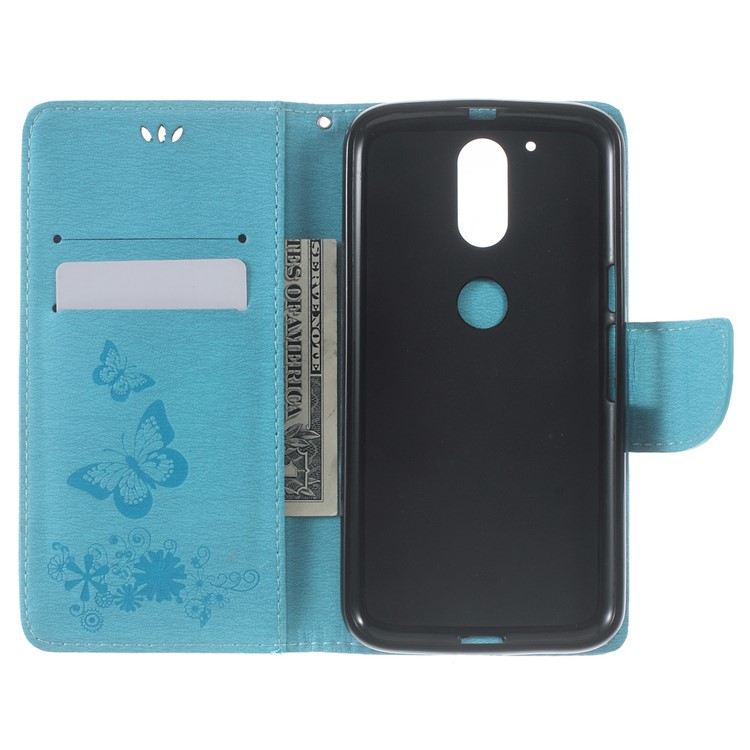 Imprinted Butterfly Leather Wallet Flip Case for Motorola Moto G4/G4 Plus - Blue-4