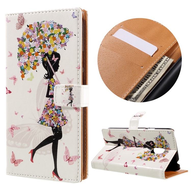 Flip Leather Wallet Stand Case for Motorola Moto G4 Play - Girl Holding Flowered Umbrella-1