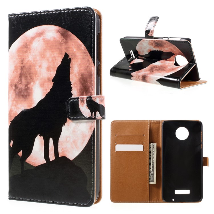 Patterned Stand Leather Case for Motorola Moto Z Force - Wolf Howling at the Moon-1