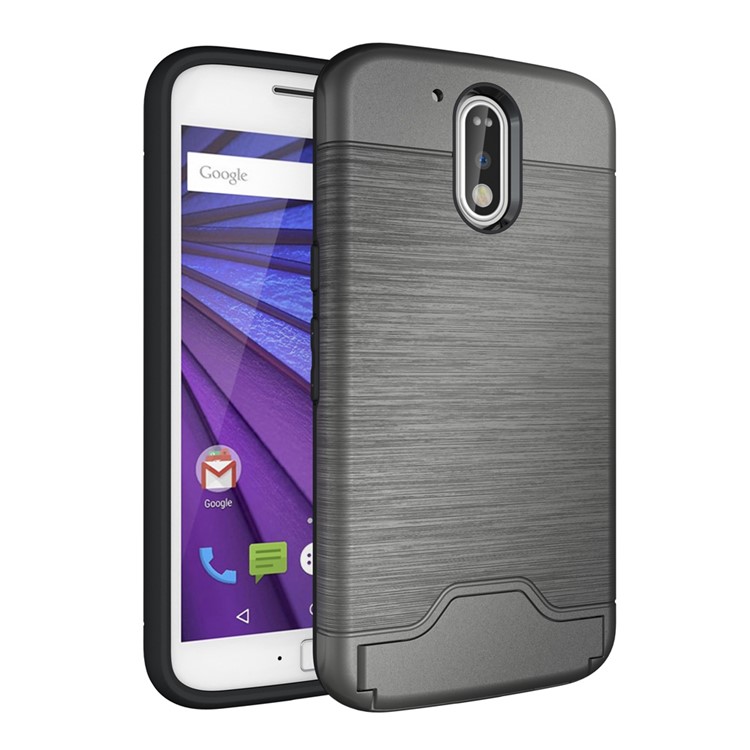 Brushed PC TPU Kickstand Card Slot Back Case for Motorola Moto G4 / G4 Plus - Grey-1