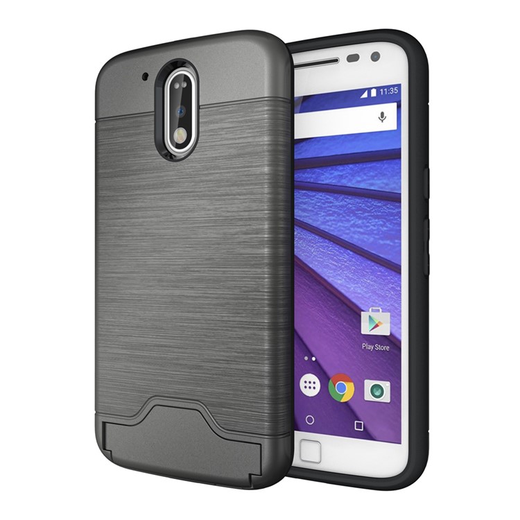 Brushed PC TPU Kickstand Card Slot Back Case for Motorola Moto G4 / G4 Plus - Grey-3
