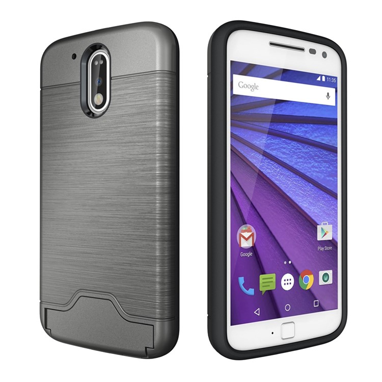 Brushed PC TPU Kickstand Card Slot Back Case for Motorola Moto G4 / G4 Plus - Grey-5