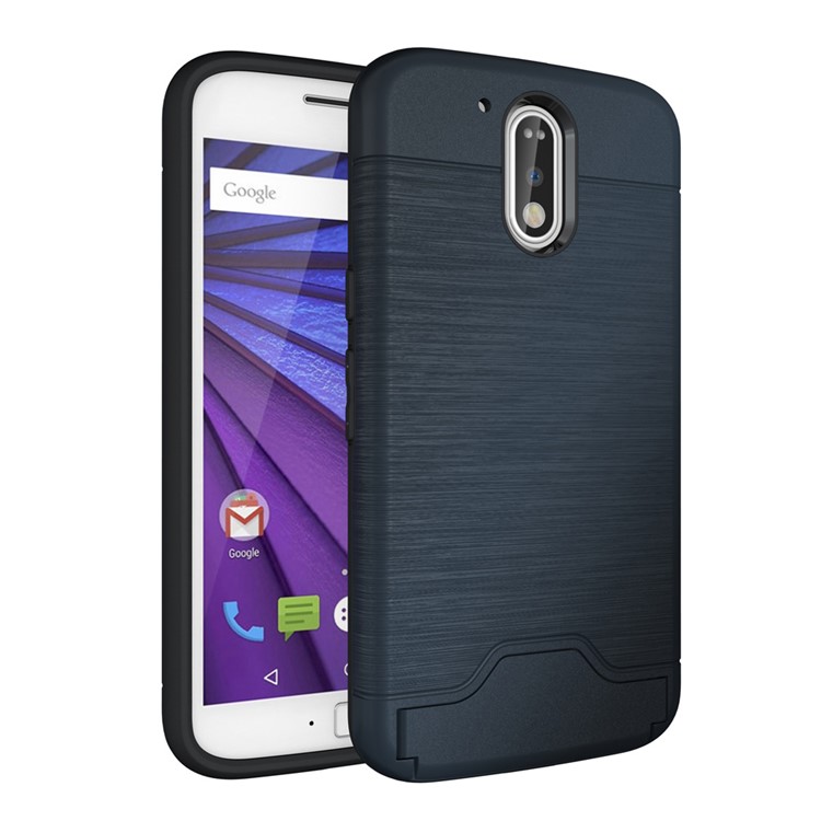 Brushed PC TPU Kickstand Card Slot Hard Case for Motorola Moto G4 / G4 Plus - Dark Blue-1