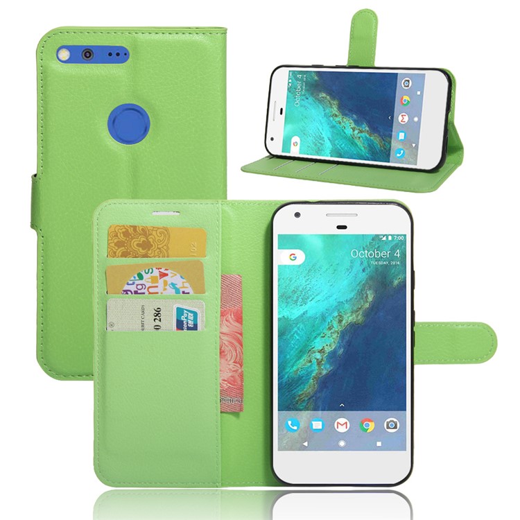 Litchi Skin Wallet Leather Stand Case for Google Pixel XL - Green-1