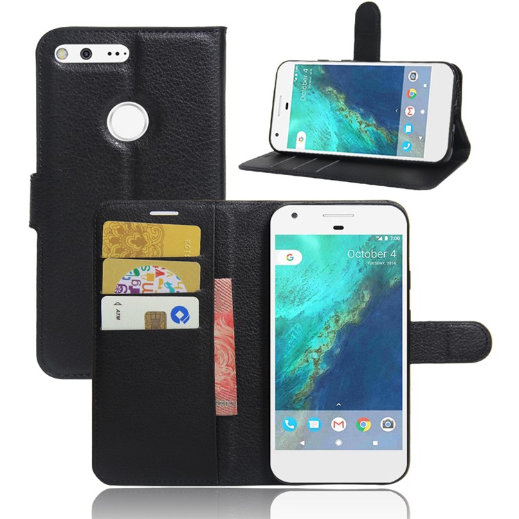 Lychee Skin Wallet Leather Stand Case for Google Pixel - Black-1