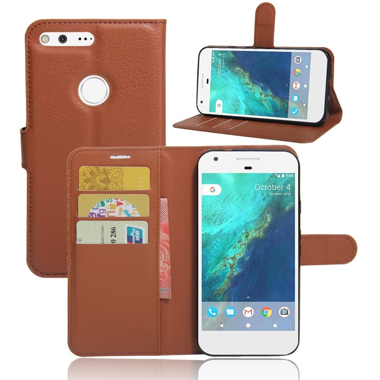 Lychee Skin Leather Card Holder Case for Google Pixel - Brown-1