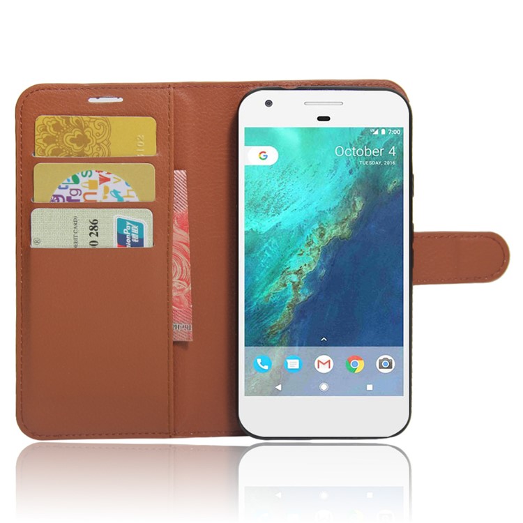 Lychee Skin Leather Card Holder Case for Google Pixel - Brown-5