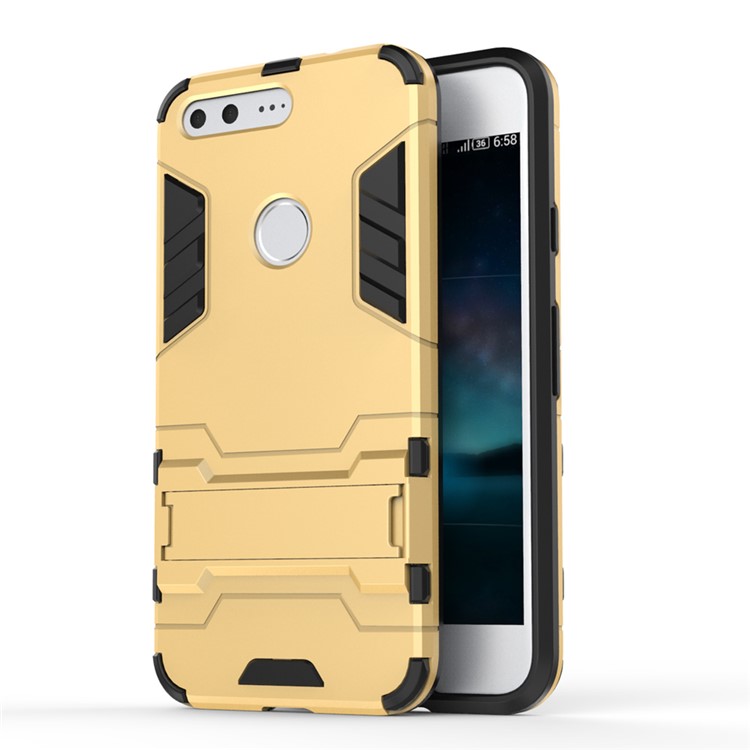 For Google Pixel Hybrid PC + TPU Phone Case Shell with Kickstand - Gold-1